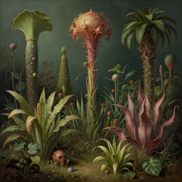beautiful rendering of exotic plants by daniel merriam and karol bak and martin johnson heade, xenoplanet by roger dean and moebius, mantra rendering, matte painting, high detailed, 4 k, trending on artstation