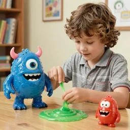 kid playing with slime monster, realistic, toy commercial photo, highly detailed, photo from the 80s
