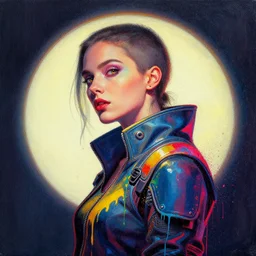 a cyberpunk with beautiful eyes wearing futuristic clothing, torso side portrait, passionate, spotlight, paint drips, paint splatter, vibrant colors, dramatic, canvas texture, futuristic clothing, by marco paludet, by jeremy mann