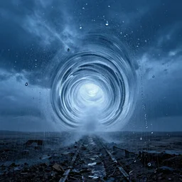 beautiful photograph of a vertical tunnel made of raindrops in the blue sky, end of the world, desolate land, highly-detailed, fantastic, dramatic lighting, artstation, 4k