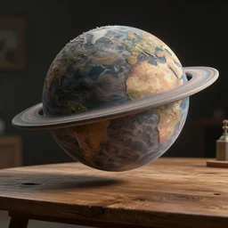planet erath trapped in orb standing on a wooden table, photorealism, highly detailed, hdr, 8 k, complex 3 d render, hyper detailed, ultra sharp - - ar 1 6 : 9