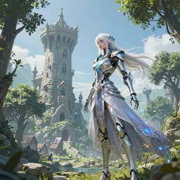 photo of a sorceress near mage tower, warframe armor, cyborg, magical dress, fantasy, white hair, trees, village far away, interesting angle, sharp focus, 8 k high definition, insanely detailed, intricate, intelligent, art by akihiko yoshida and shirotaka