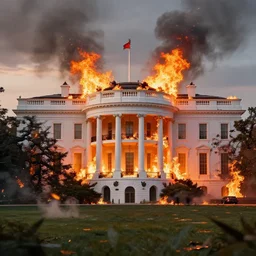 a beautiful hyperrealistic detailed 3D render of the white house burning, by Anton Otto Fischer, Atey Ghailan, genzoman, unreal engine, octane render, gigantic, 3D, brilliantly coloured, intricate, ultra wide angle, trending on artstation, embers, smoke, dust, dusk, volumetric lighting, HDR, polished, micro details, ray tracing, 8k