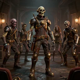 Several Steampunk zombies at the steampunk cinema theater Greg Rutkowski, ArtStation, zenith view, CGSociety, ultra realistic, ray tracing, 3d render, HDR, Unreal Engine