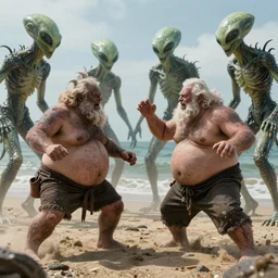 photo, two old hairy fat ugly men! fighting alien monsters 4 0 1 2 9 on a beach, highly detailed, scary, intricate details, volumetric lighting, front view