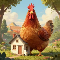giant chicken wearing a house, award-winning fantasy art