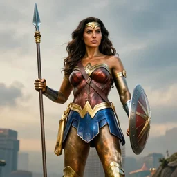 a huge bronze statue of gal gadot ’ s wonder woman holding her spear and shield, fantasy landscape, photorealistic, atmospheric