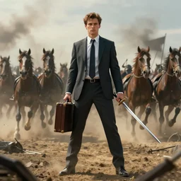 cinematic artwork of man in his twenties with brown hair wearing a business suit on a battlefield holding a briefcase in one hand a sword in the other, standing defiantly before a cavalry charge by Greg Rutkowski, 4k, masterpiece