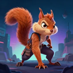 grumpy squirrel as apex legends character, digital illustration portrait design, by android jones and greg rutkowski, retrowave color scheme, detailed, cinematic lighting, wide angle action dynamic portrait