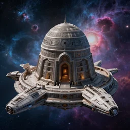 goa'uld mausoleum spaceship, highly detailed, intricate, by Raphael Lacoste, Eddie Mendoza, Alex Ross, background of outer space nebulas by Pilar Gogar, concept art, matte painting, 8K HDR