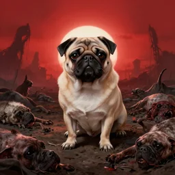 anthropomorphic pug, alone on a battlefield surrounded by corpses of animals, horror , backlight, red sky, highly detailed, digital painting, artstation, concept art, matte, sharp focus, illustration, by Greg Rutkowski and frazetta