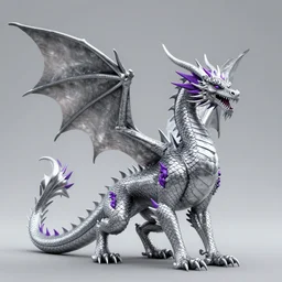 128 foot tall silver western style dragon that has purple accents, 360 foot wingspan, and jagged yet smooth plated scales
