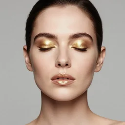 head and shoulder frontal face portrait photography of a beautiful woman wearing golden shiny full makeup by alex prager. vogue. closed eyes. kodak portra. studio light. ( depth of field ). detailed. hq. realistic. muted colors. filmic. lens flare. mamiya 7 ii, f / 1. 2, symmetrical balance, in - frame