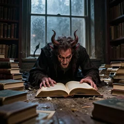 the devil crawling out of a book, library, dark window, satan, books scattered on the floor, disarray, messy, dirty, professional photo