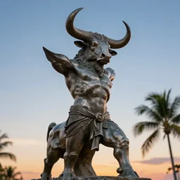 sculpture of moloch, digital art, classical art, sharp focus, clear sky, muscular bull headed man, tropical sunset