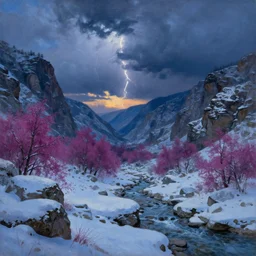 a beautiful oil painting of a rocky valley covered in snow, trees with magenta leaves, sundown, thunderstorm in the sky, blue lighting, gloomy, atmospheric lighting, detailed, by greg rutkowski, trending on artstation