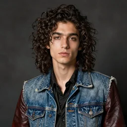 beautiful punk rock young man with long curly dark hair and a denim vest over a leather jacket, clean shaven, as painted by winslow homer and leyendecker
