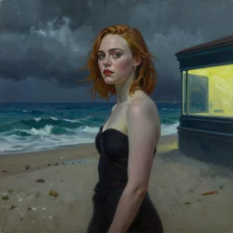 Elle Fanning at the beach in the world of Edward Hopper, stormy weather, extremely detailed masterpiece, oil on canvas, low-key neon lighting, artstation, Blade Runner 2049, Roger Deakin’s cinematography, by J. C. Leyendecker and Peter Paul Rubens,