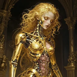 portrait of an absurdly ugly, ungraceful, unsophisticated, unfashionable futuristic female golden mechanical skeleton with sections of flesh showing, wires, glowing internal light, hyperdetailed illustration by irakli nadar and alexandre ferra, intricate linework, faberge, intricate gold linework, dark atmosphere, unreal engine 5 highly rendered, global illumination, radiant light, detailed and intricate environment