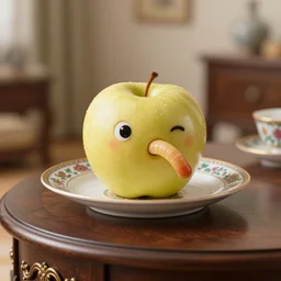 eye level close up view ( golden delicious ) a cute worm pokes its head out of apple that is on small intricately designed china serving dish. the dish is on top of expensive end table in a family room, superior detail, bokeh, digital art, hq 8 k 4 k, product lighting, studio lighting, digital art, octane render.