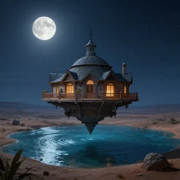 the only building hovering over a deserted oasis on a moonlit night, clear focus, illustration, unreal engine 5, 8 k, in the style of peter morbacher, zek yerki, greg rutkowski, dim picturesque lighting of volumetric water bodies