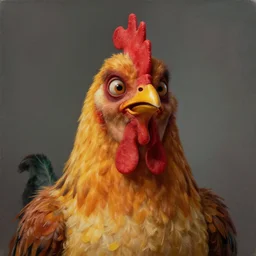 scary portrait of an asian man dressed as a chicken, the chicken man, highly detailed painting by disney pixar 8 k