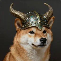 detailed photorealistic painting of a shiba inu, wearing a highly detailed ornamented bronze „viking helmet with two horns“, sharp focus in the style of ruan jia, Mandy jurgens, cinematic light, concept art, trending on artstation, ultra realistic
