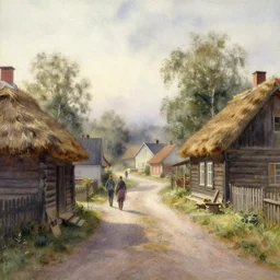 watercolor painting of rustic village street at finland country side, straw roof, ambient lighting and shadows, fog, art by hans dahl, by jesper ejsing, art by anders zorn, wonderful masterpiece by greg rutkowski, cinematic light, american romanticism by greg manchess, creation by tyler edlin