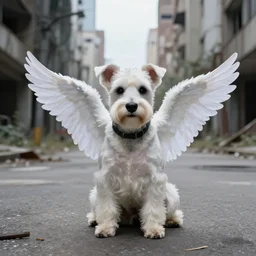 photo of a white schnauzer dog with open feathered wings on his back sitting on the street of an abandoned dystopic city, hyprrealism, 5 5 mm photo