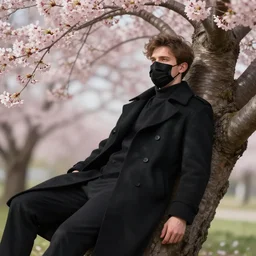 hd photograph of european young man wearing black medical mask and black long coat, relaxing under a cherry blossom tree, summer day, in the style of ilya kuvshinov, dramatic lighting, fantasy, intricate, elegant, highly detailed, lifelike, photorealistic, digital painting, bokeh, hdr, high resolution, artstation, concept art, smooth, sharp focus, art by krenz cushart and albert aublet