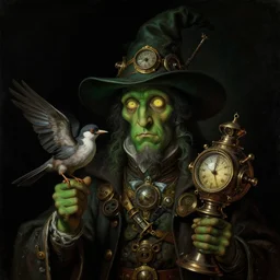 a baroque close - up portrait painting of a dark green whimsical steampunk wizard with glowing eyes holding a bird and a time machine. black background. negative light. highly detailed science fiction painting by norman rockwell, moebius, frank frazetta, and syd mead. high contrast. renaissance masterpiece. artstation