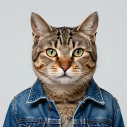 full head portrait of acute cat made of jeans jacket, medium shot, super realistic, crisp details, sharp, detailed, intricate, volumetric lights, cinematic, octane render