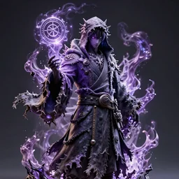 A necromancer pulsing with necrotic energy, Art by Koyoharu Gotouge, power auras, sigils, tattered cloth robes, substance 3d painter, PBR textures, Physical based rendering, cinematic, hyper realism, high detail, octane render, unreal engine, 8k, Smooth gradients, High contrast, depth of field, aperture f2.8