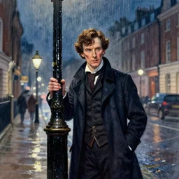 sherlock holmes by a lamppost in a city in 1 9 th century england at night while it raining, digital painting, watercolor, 8 k, realistic, face symmetry, proportional body,