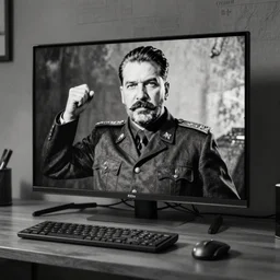 Stalin playing on Playstation, black and white photograph