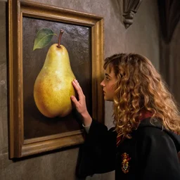 Hermione tickles a pear in a painting to open the secret doorway to the Hufflepuff common rooms