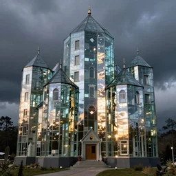a glass castle, light reflecting
