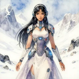 south asian scifi princess of the snowy mountains, wearing a lovely dress with cyberpunk elements. this watercolor painting by the award - winning mangaka has an interesting color scheme, plenty of details and impeccable lighting.
