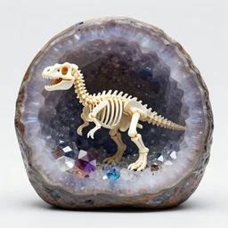 photorealistic tiny dinosaur skeleton inside a geode of colored crystals