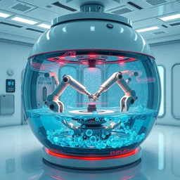 futuristic glass tank medical pod with bubbly azure fluid and robot arms doing precision work, a single large glass chamber with multiple robotic manipulators inside, mako robotics, highly integrated futuristic automatic medical care unit in a cyberpunk hospital lab, highly detailed, vibrant, hyperdetailed scifi concept art, artstation, hdr, rtx, octane render, cgsociety, solidworks