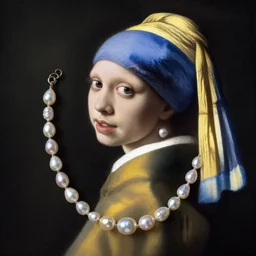 medium shot studio photo of ancient natural pearl necklace, studio lighting, oil painting by Vermeer, - n 6