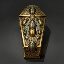 sacred sarcophagus, ornate art nouveau scarabs, black and gold palette, symmetry, fantasy, intricate, elegant, highly detailed, colorful, dark colors, dramatic shadow, digital painting, artstation, concept art, art by artgerm and greg rutkowski and ruan jia,