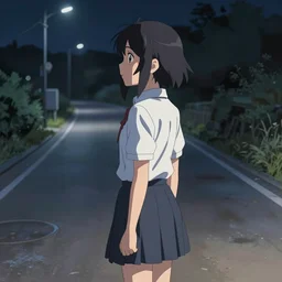 at the end of the world, a high school girl standing on road looking at the back, night, highly detailed, deep focus, elegant, digital painting, smooth, sharp focus, illustration, ultra realistic, 8 k, art by makoto shinkai
