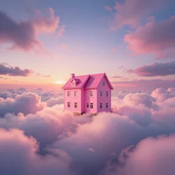 a pink house in the sky, clouds, sunset, greg rutkowski, zabrocki, karlkka, jayison devadas, trending on artstation, 8 k, ultra wide angle, zenith view, pincushion lens effect