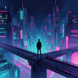a man standing on top of a bridge over a city, cyberpunk art by vincent lefevre, behance contest winner, altermodern, cityscape, synthwave, anime asthetic, neon lights, matte painting, acid pixie