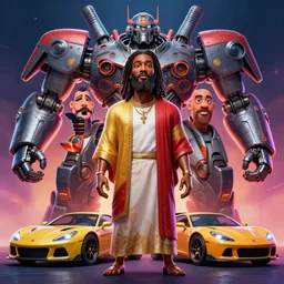 stylish caricature 3 d vfx drew struzan movie poster art of an african jesus surrounded giant mecha & sports cars, art style by james jean & hsiao ron cheng, unreal engine render, digital illustration, sharp, intricate detail, volumetric lighting, ray tracing, soft light, neon, claymation style, ernie barnes style, symmetry, acrylic on canvas, pinterest, artstation,