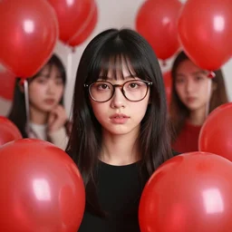 medium shot ultra high resolution photo of a nerdy girl with glasses facing the camera. 1 0 0 red balloons fill the scene, todd solondz, rebecca guay, artstation, artgerm, octane render