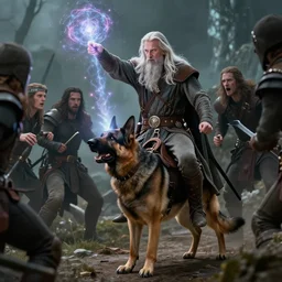 gandalf the white riding on a german shepard dog, casting magic against his foes, artistic, hyper detailed