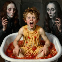 a boy made of spaghetti sitting in a tub full of tomato sauce, looking straight into camera, screaming in desperation, by giuseppe arcimboldo and ambrosius benson, renaissance, intricate and intense oil paint, a touch of joseph cornell, beksinski and hr giger and edward munch, realistic