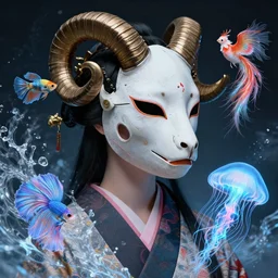 3 d goddess close - up profile portrait with crown, ram skull. beautiful intricately detailed japanese crow kitsune mask and clasical japanese kimono. betta fish, jellyfish phoenix, bio - luminescent, plasma, ice, water, wind, creature, artwork by tooth wu and wlop and beeple and greg rutkowski
